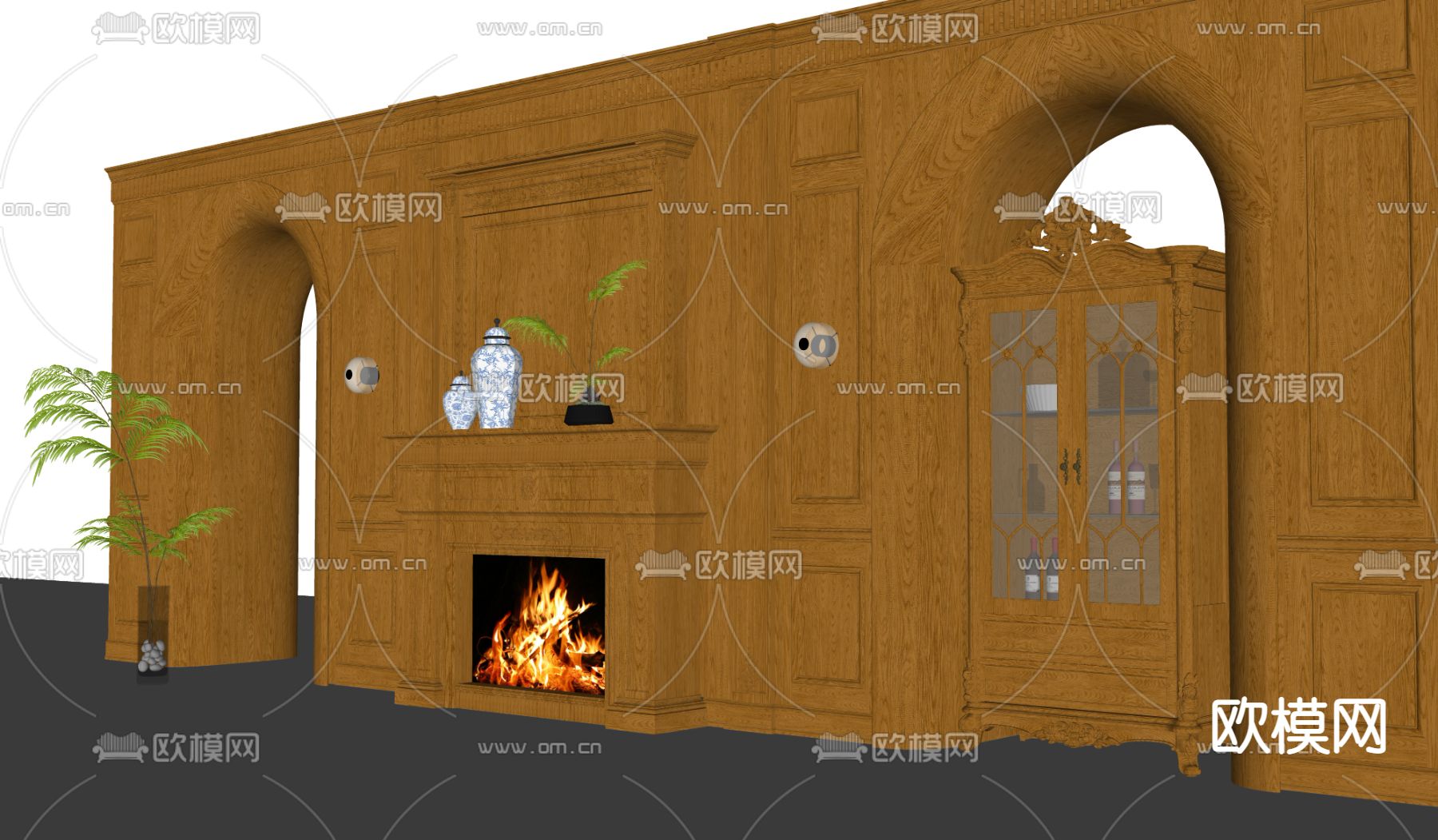 欧式壁炉背景墙su模型下载（渲染图3）