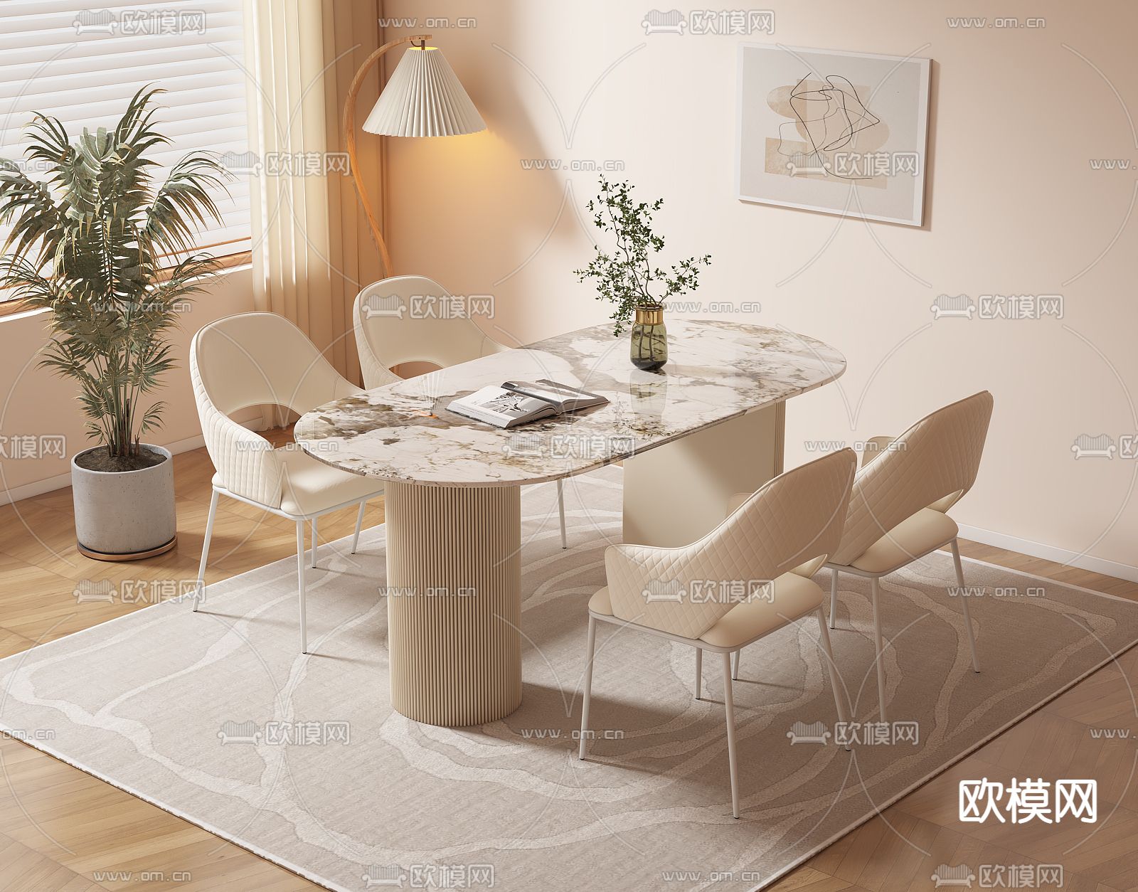 奶油风餐桌椅3d模型下载