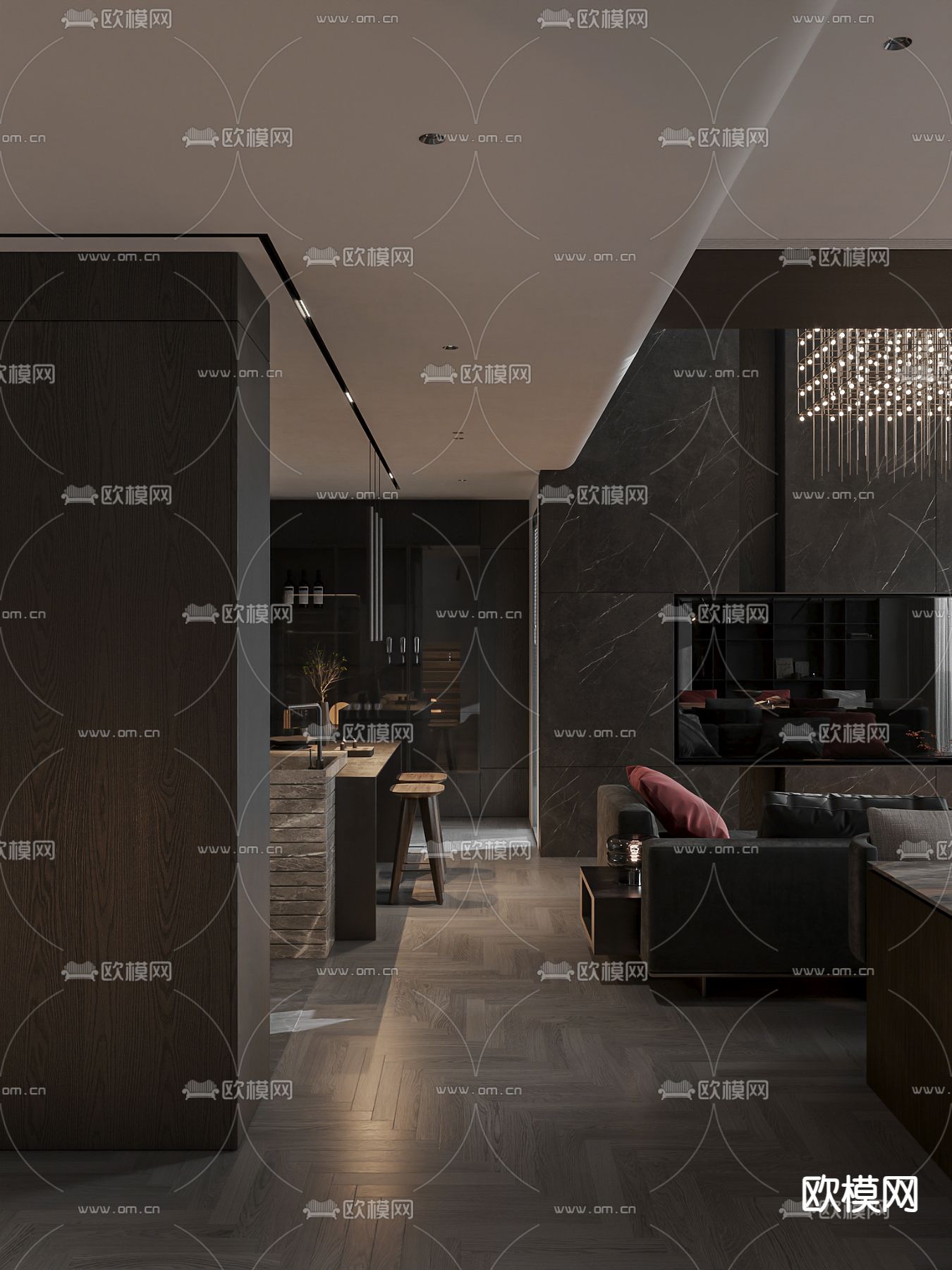 暗黑风别墅大堂3d模型下载（渲染图7）