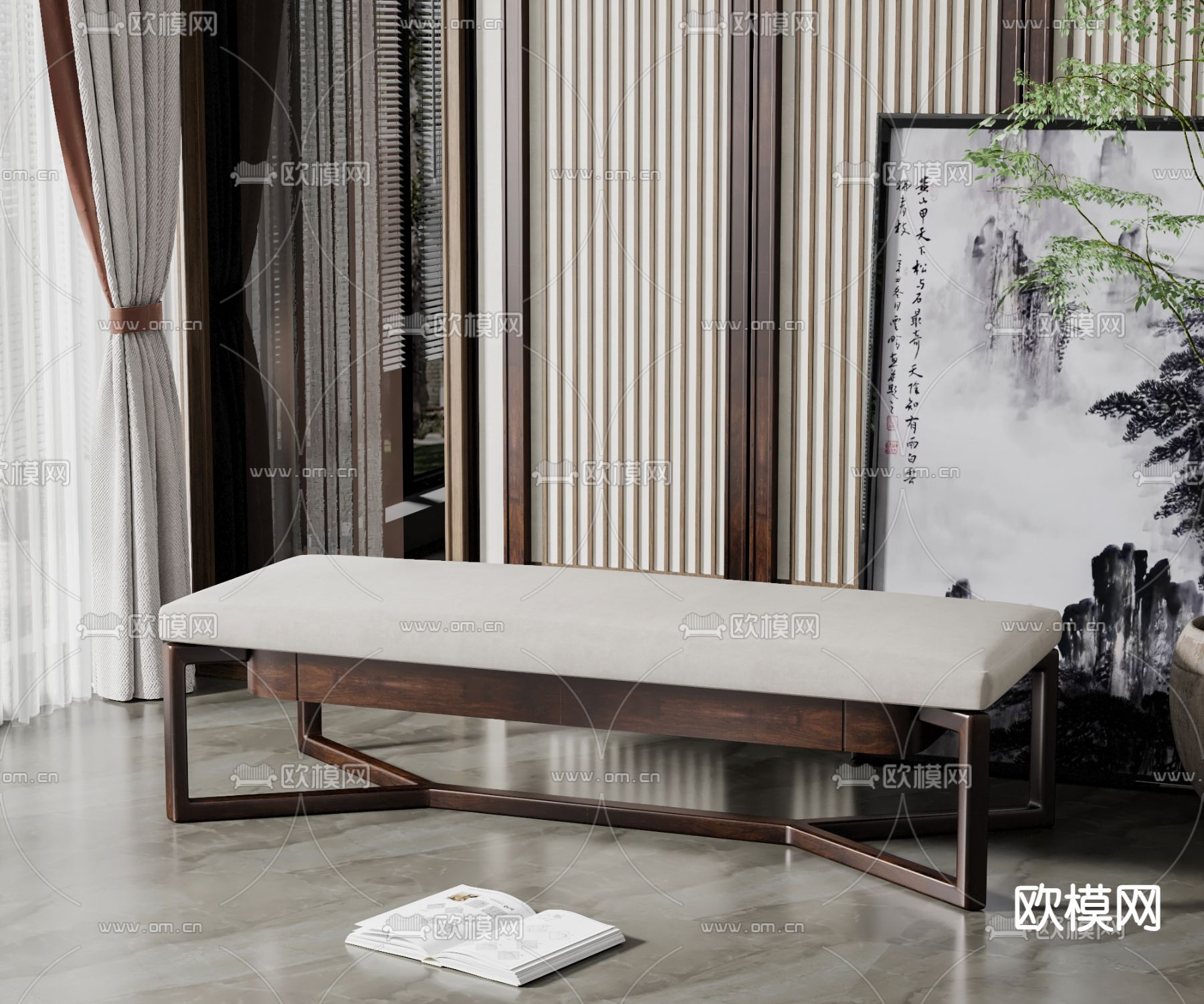 新中式沙发凳su模型下载（渲染图1）