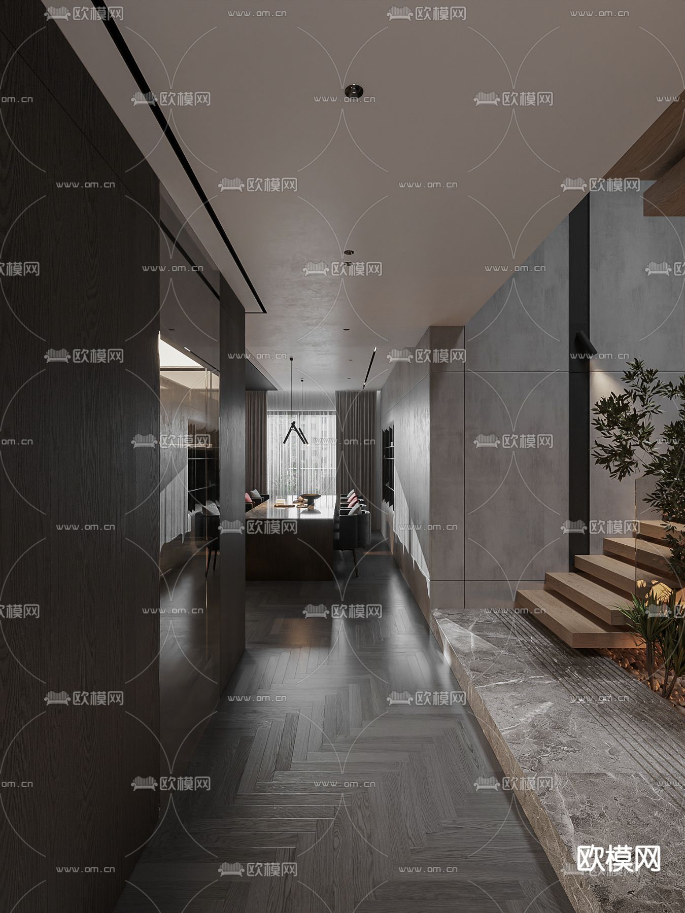 暗黑风别墅大堂3d模型下载（渲染图6）