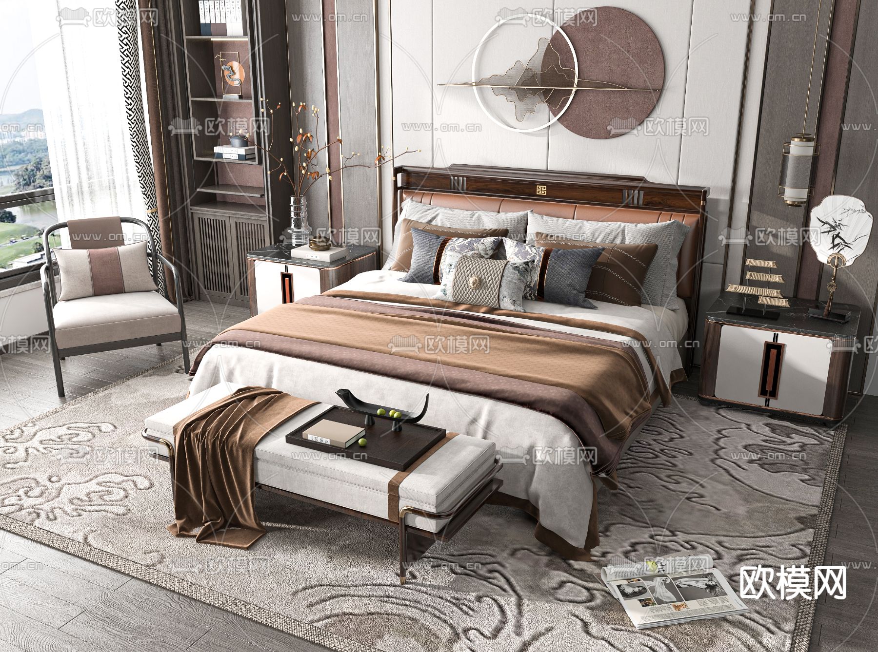 新中式双人床3d模型下载