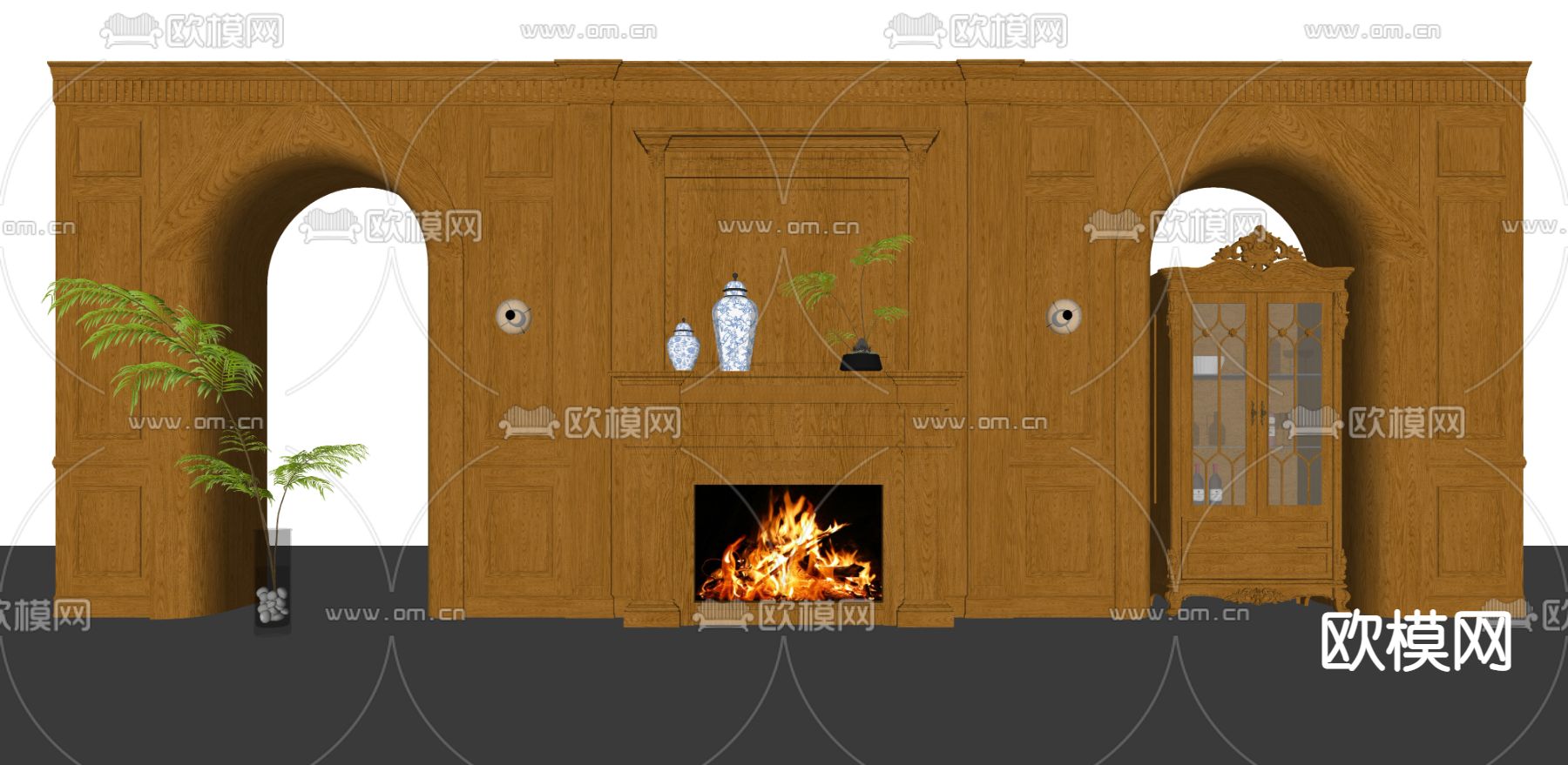欧式壁炉背景墙su模型下载（渲染图2）
