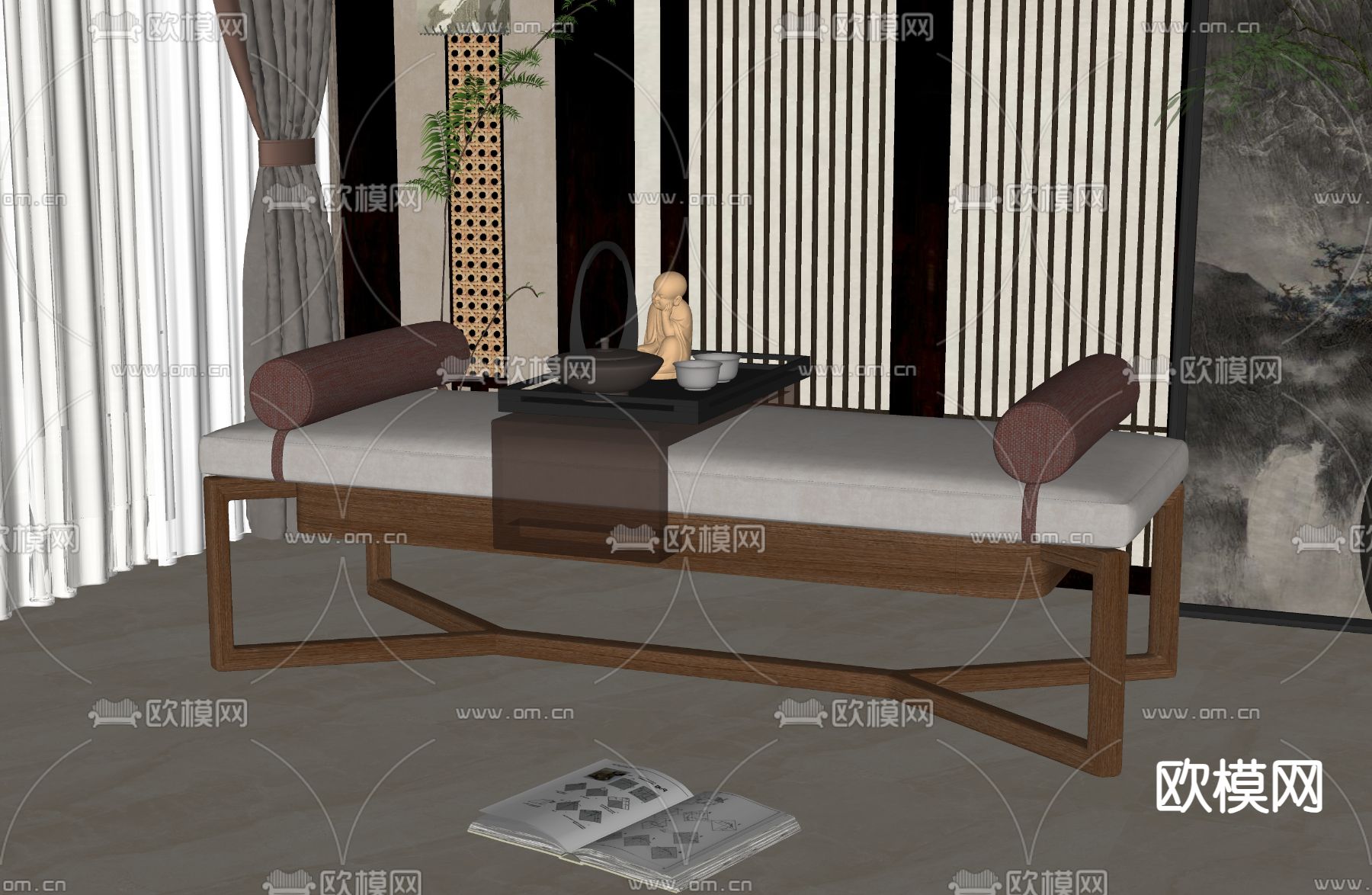 新中式床尾凳su模型下载（渲染图2）