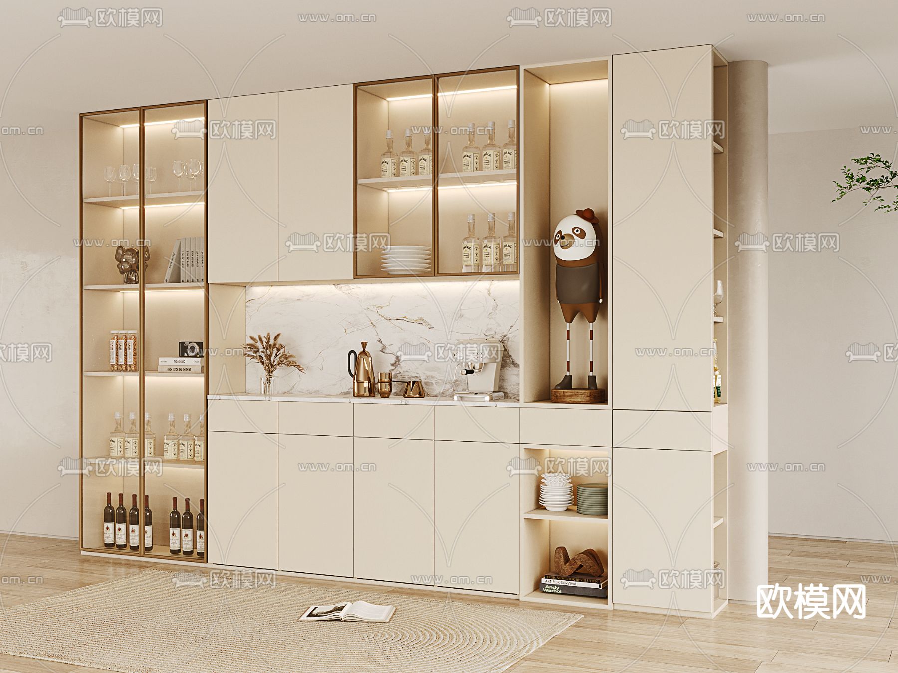 奶油风酒柜su模型下载（渲染图1）