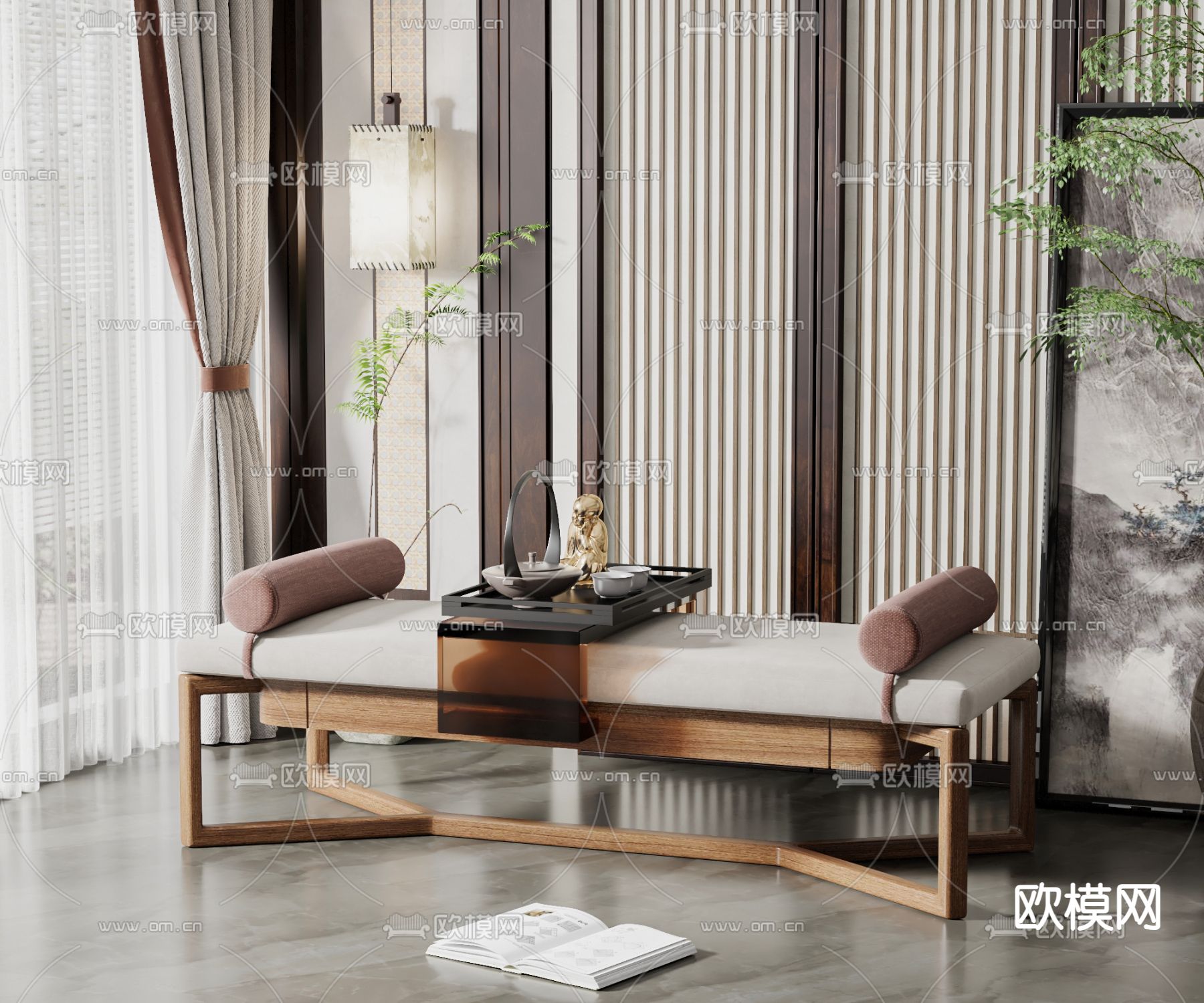 新中式床尾凳su模型下载（渲染图1）