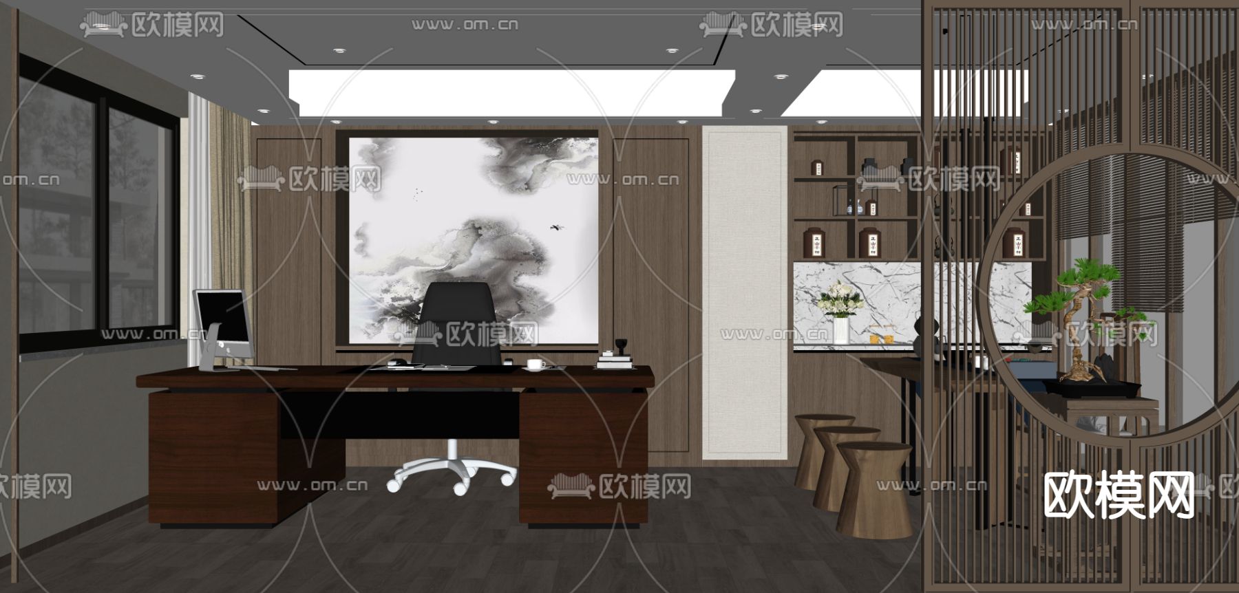 新中式经理办公室su模型下载（渲染图2）