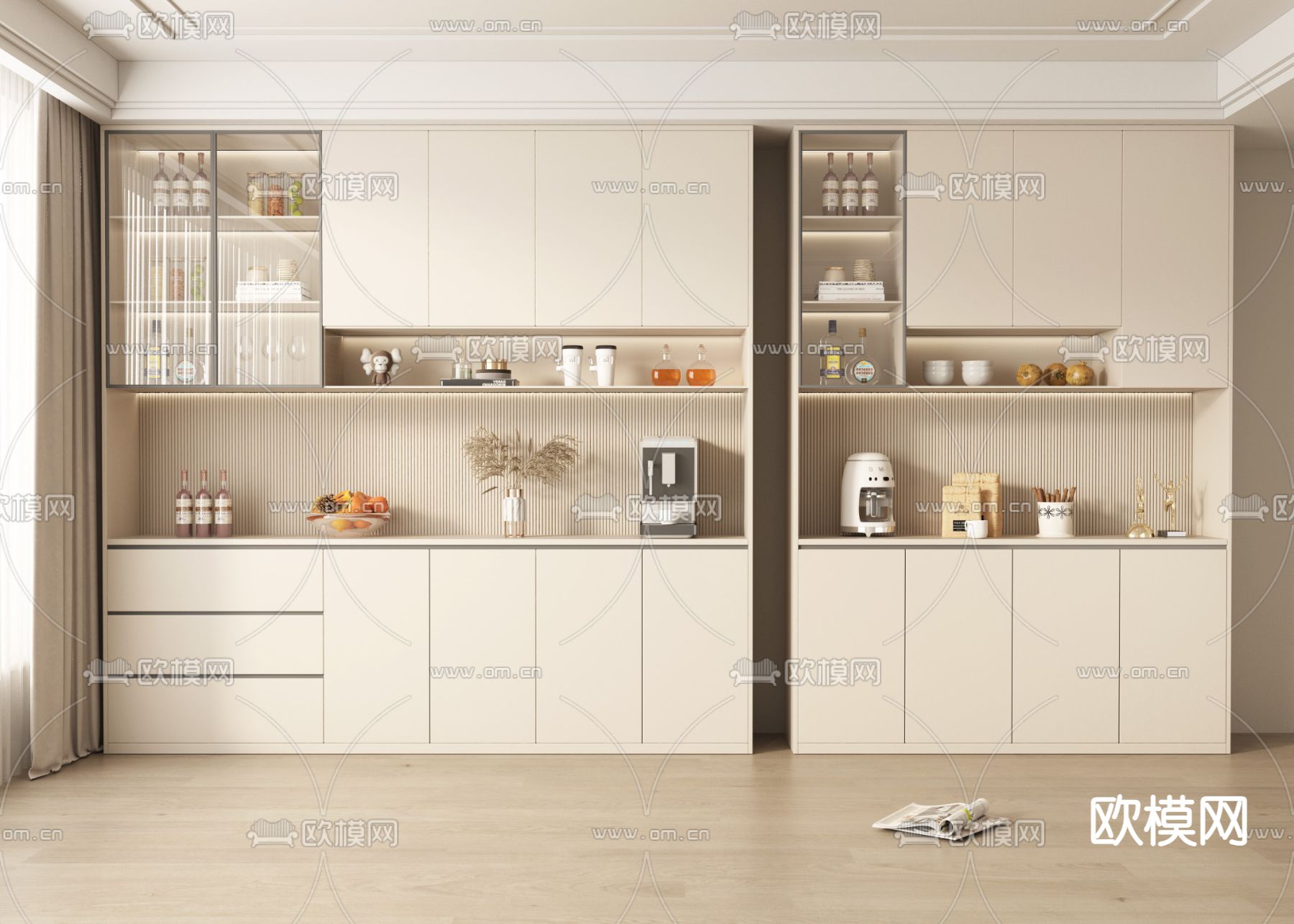 奶油风酒柜3d模型下载