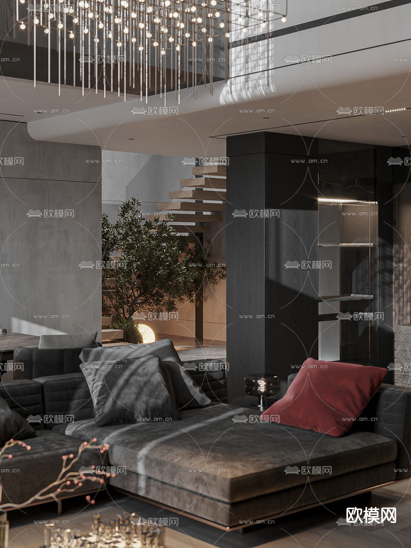 暗黑风别墅大堂3d模型下载（渲染图4）
