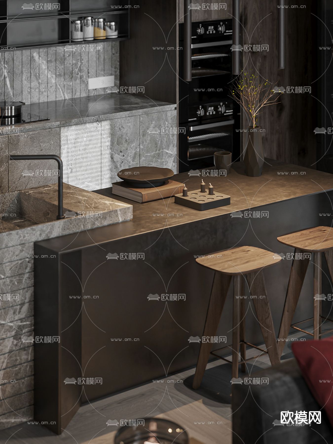 暗黑风别墅大堂3d模型下载（渲染图2）