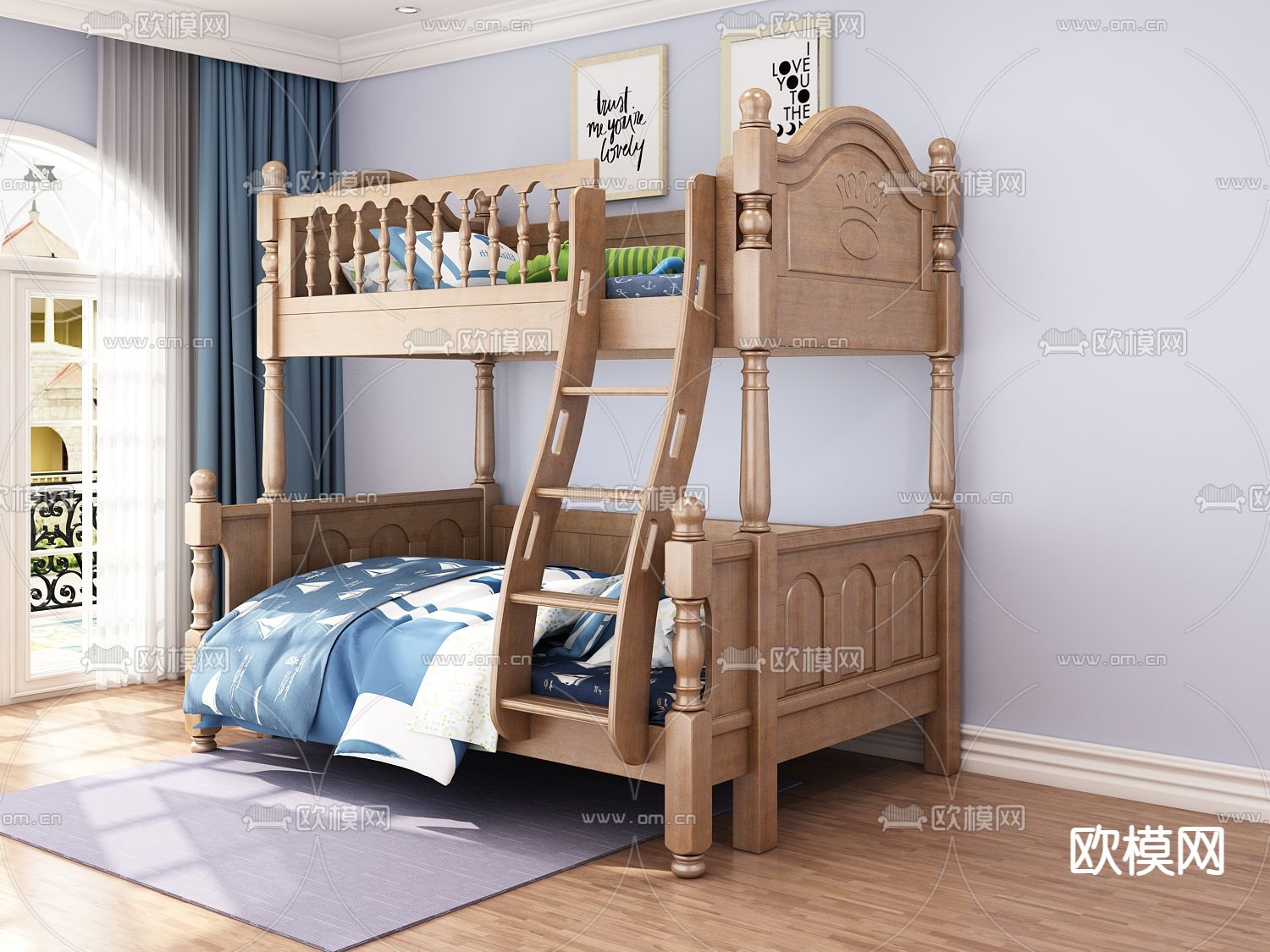 美式儿童床 上下铺床3d模型下载