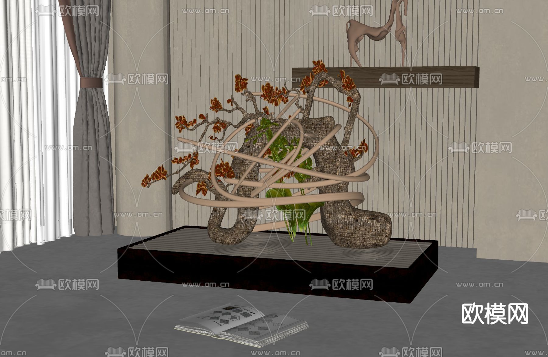 新中式花坛 雕塑摆件su模型下载（渲染图2）