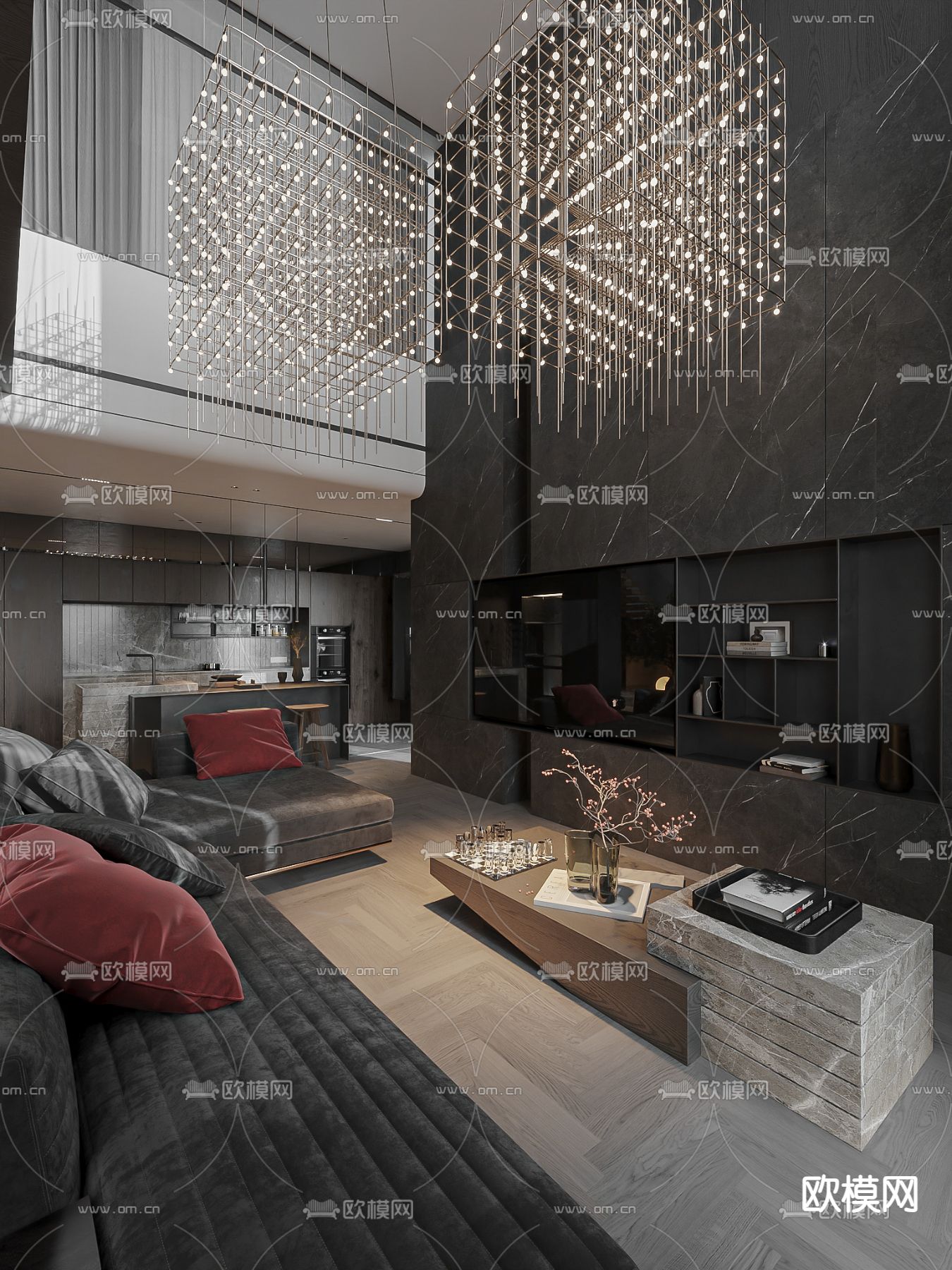 暗黑风别墅大堂3d模型下载（渲染图1）