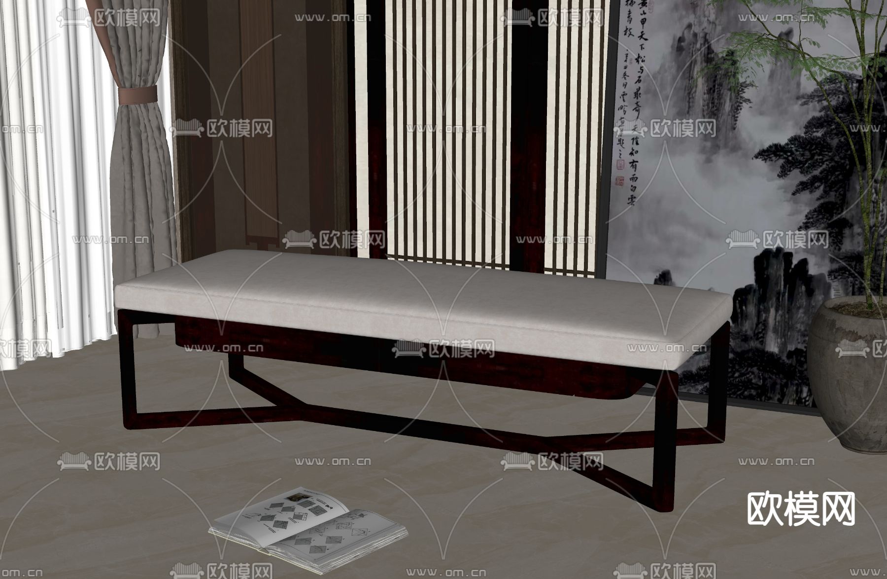 新中式沙发凳su模型下载（渲染图2）