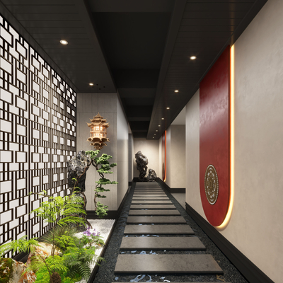  新中式酒店过道su模型 