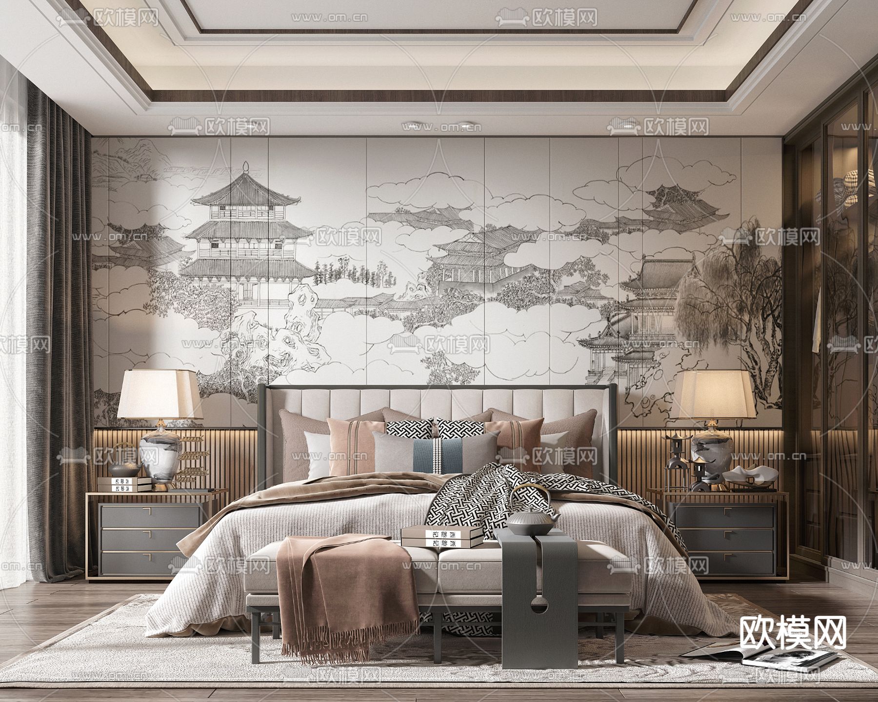 新中式卧室 主卧3d模型下载_ID14164243_3dmax免费模型-欧模网
