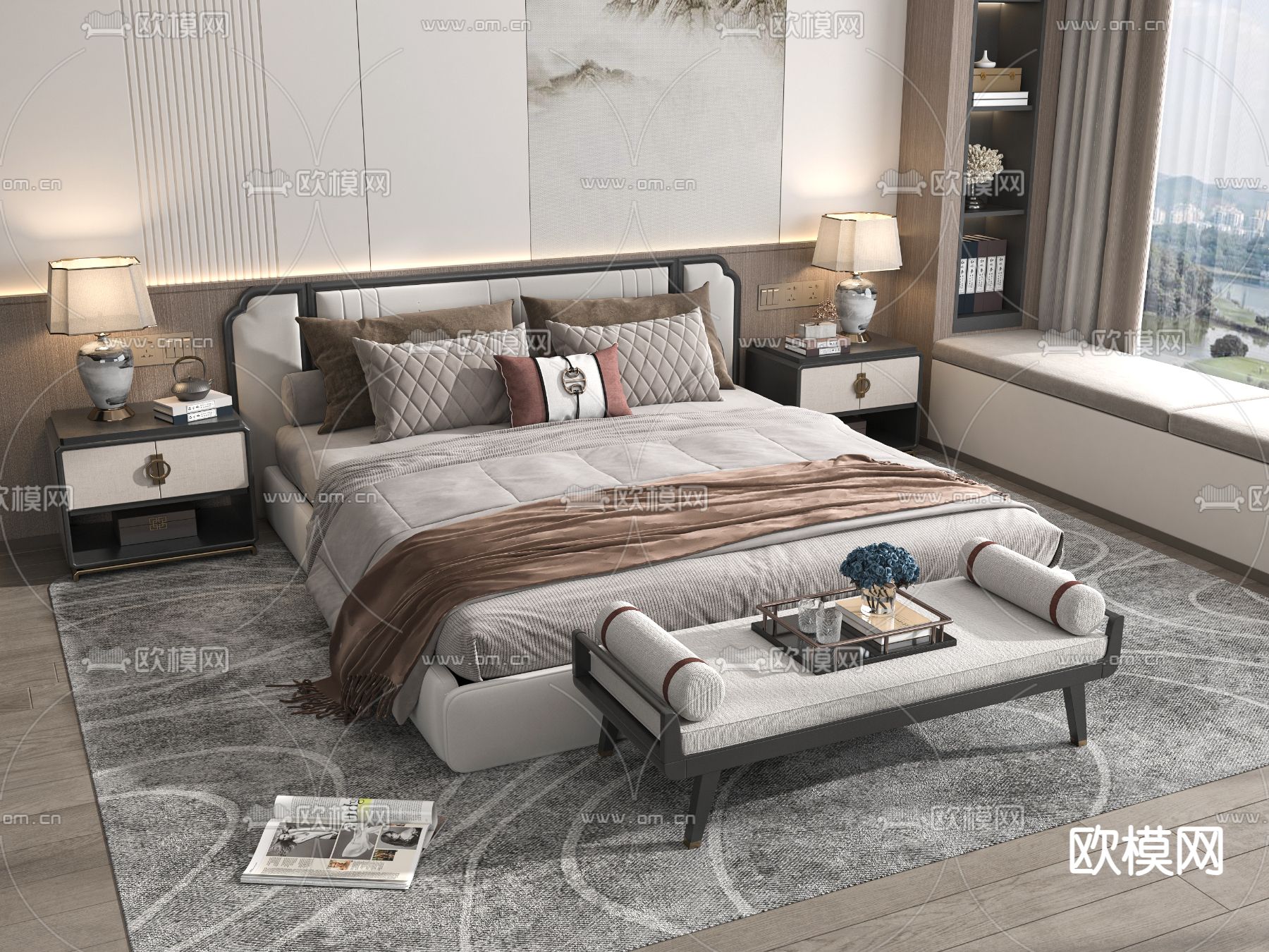 新中式双人床3d模型下载