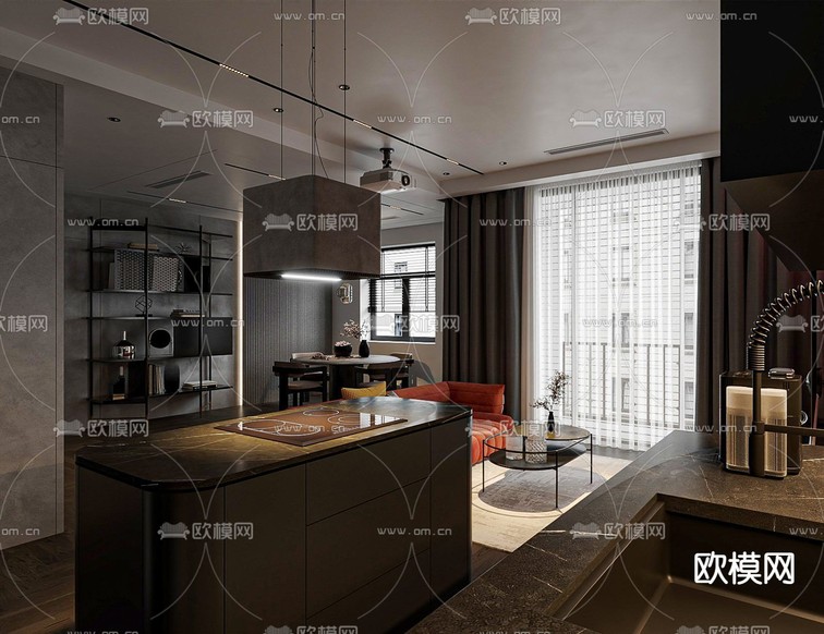 暗黑风客厅 餐厅3d模型下载(渲染图7)
