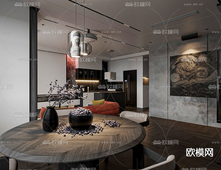 暗黑风客厅 餐厅3d模型下载(渲染图8)