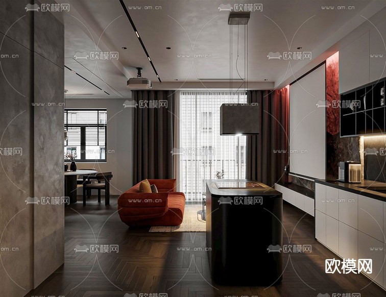 暗黑风客厅 餐厅3d模型下载(渲染图4)