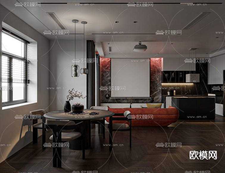 暗黑风客厅 餐厅3d模型下载(渲染图5)
