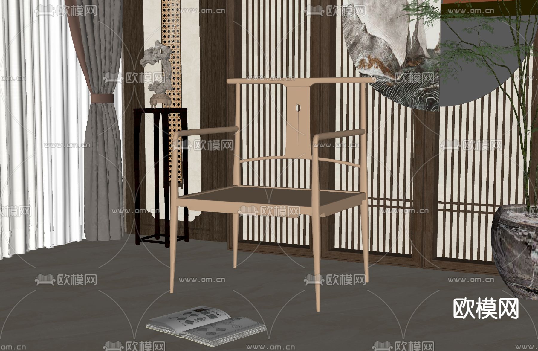 新中式金属单椅su模型下载（渲染图2）