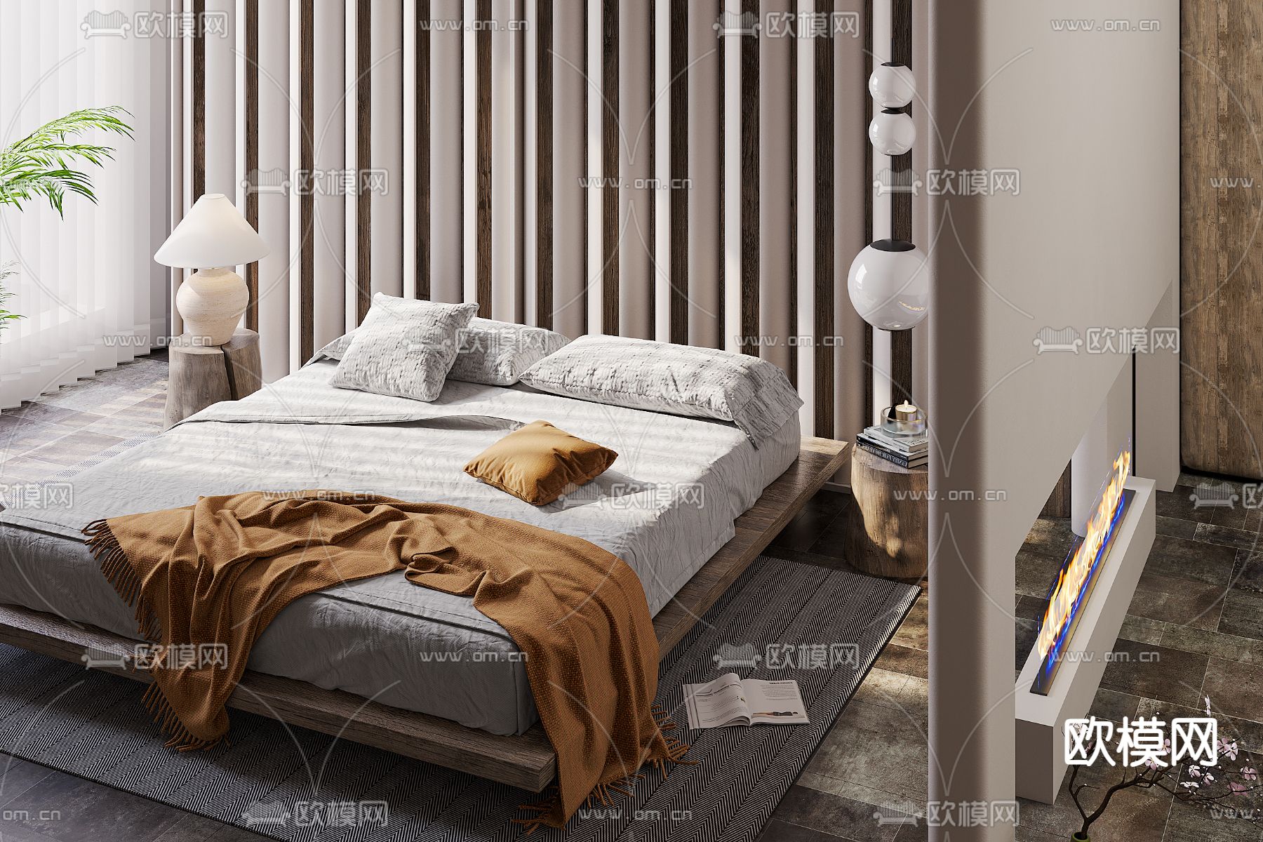 侘寂风双人床su模型下载（渲染图1）