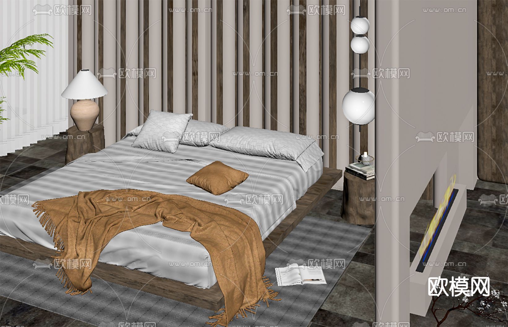 侘寂风双人床su模型下载（渲染图2）