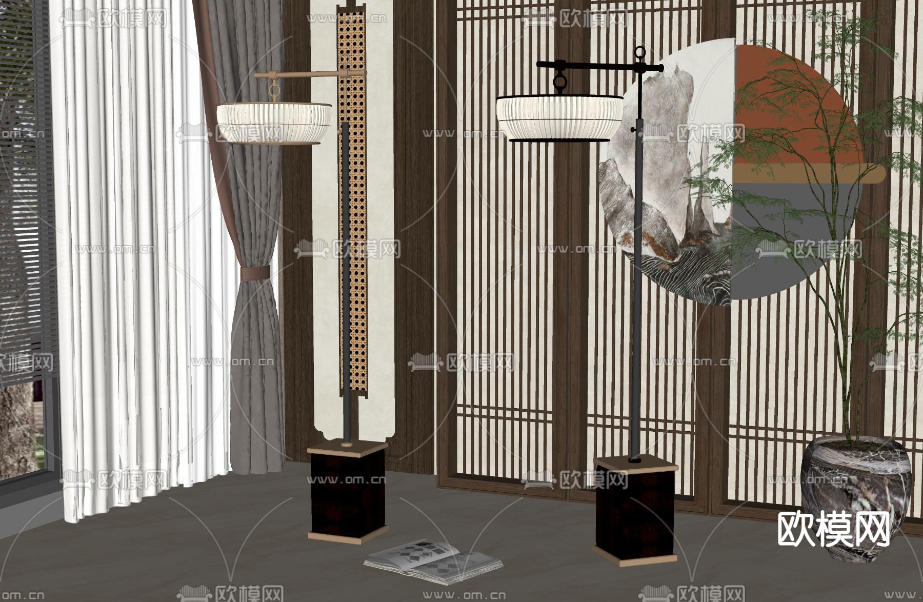 新中式落地灯su模型下载（渲染图2）