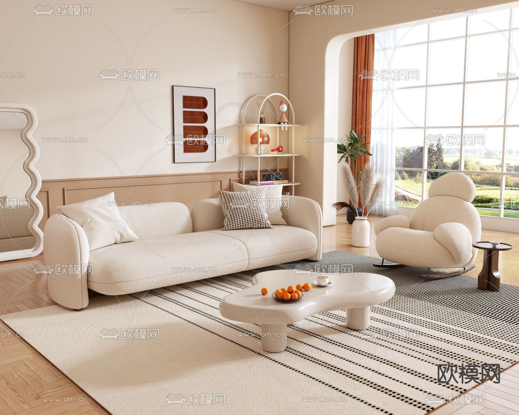 奶油风组合沙发3d模型下载（渲染图1）