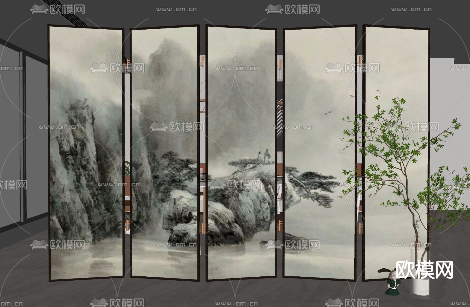 新中式屏风隔断su模型下载（渲染图2）