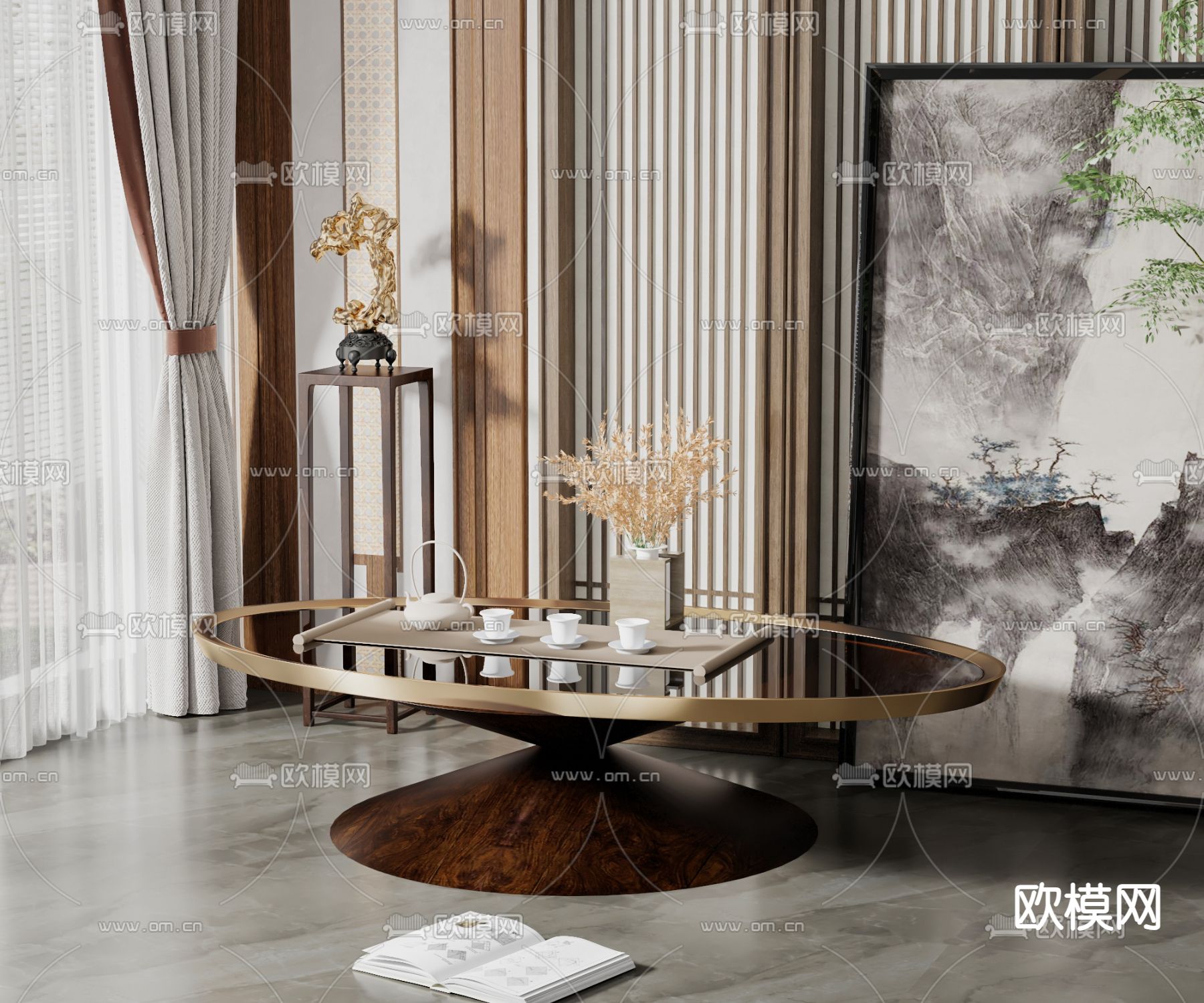 新中式茶几su模型下载（渲染图1）