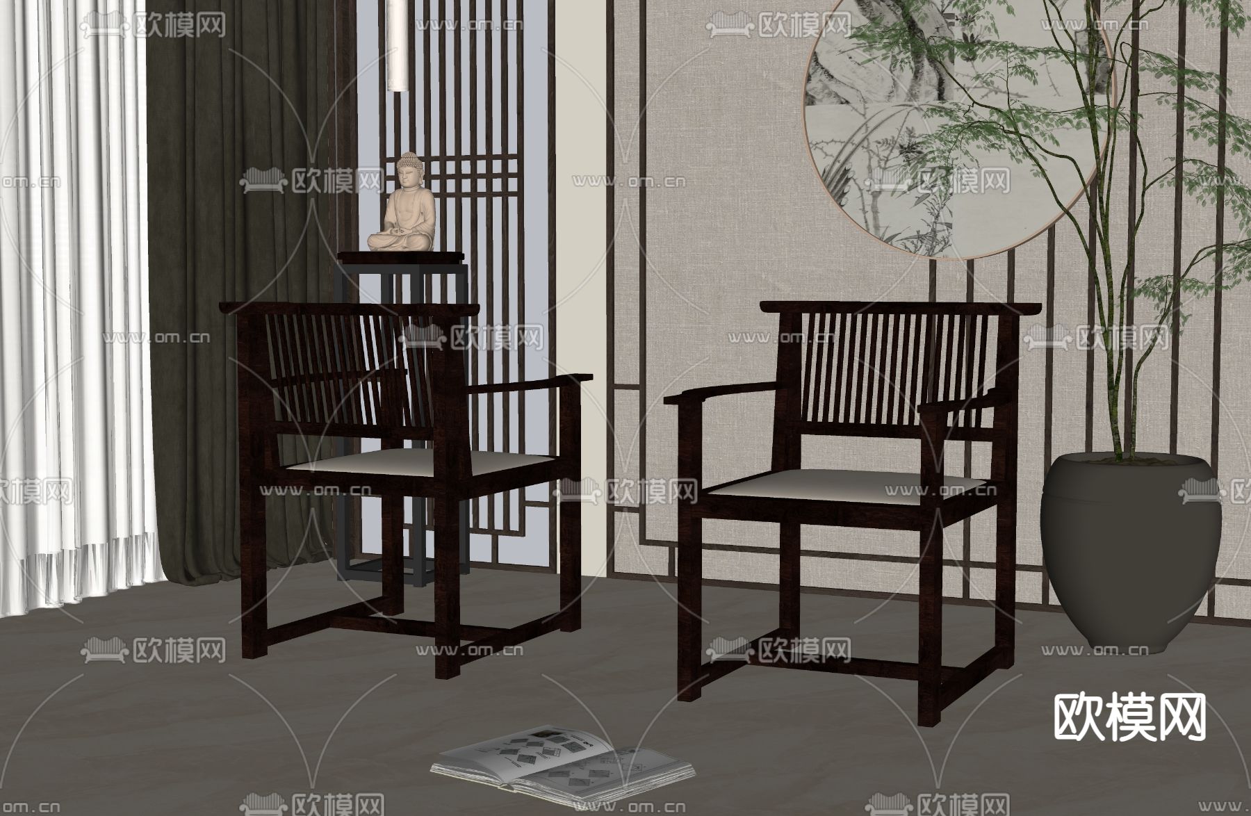 新中式休闲椅su模型下载（渲染图2）