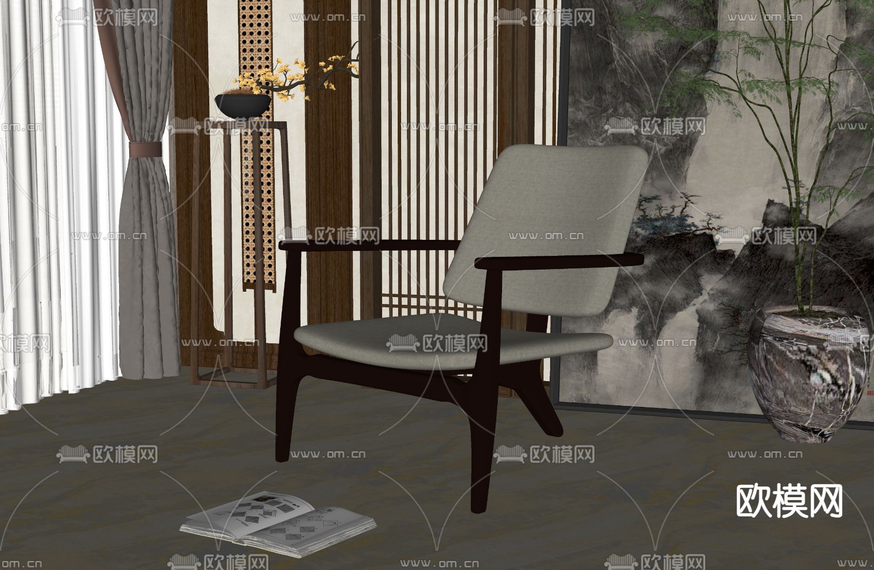 新中式休闲椅su模型下载（渲染图2）