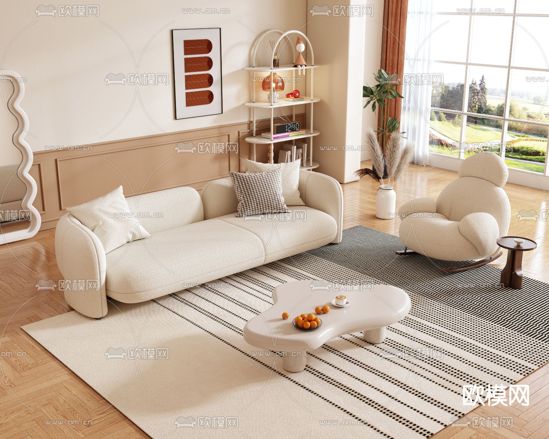 奶油风组合沙发3d模型下载（渲染图2）