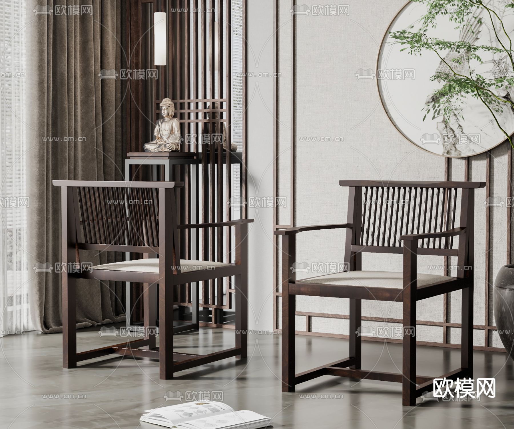 新中式休闲椅su模型下载（渲染图1）