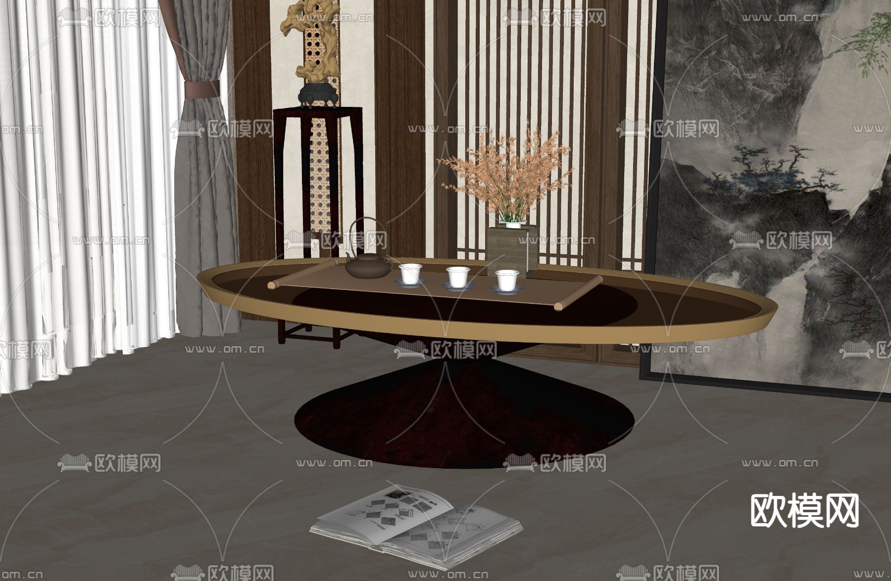 新中式茶几su模型下载（渲染图2）