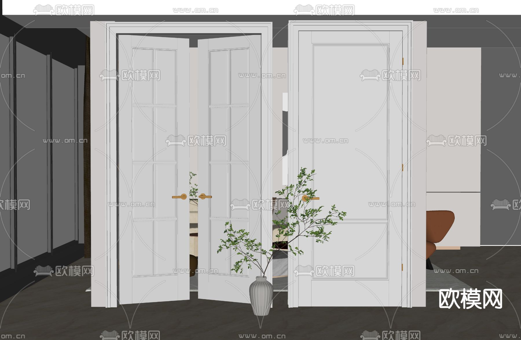 简欧单开门 双开门su模型下载（渲染图2）