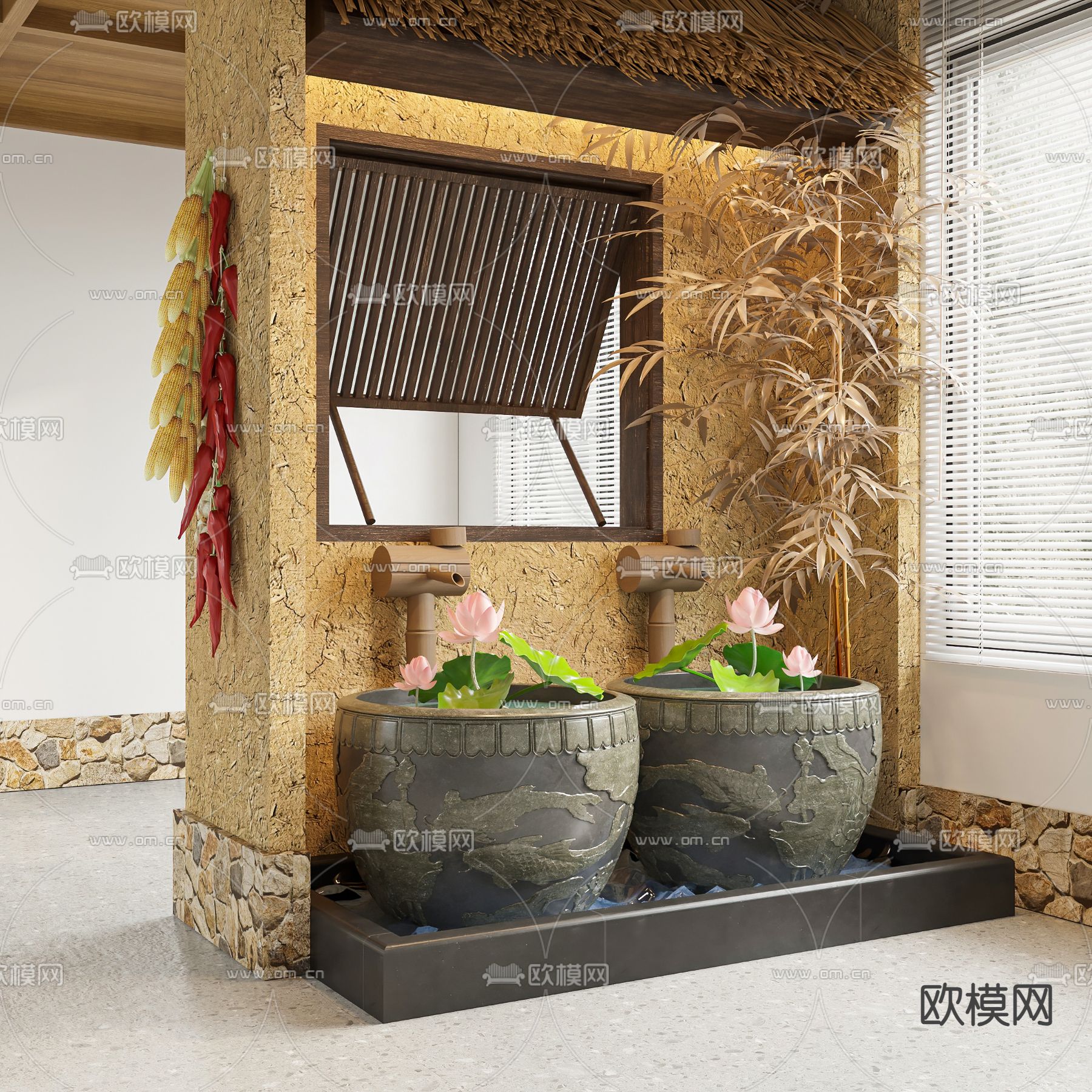 农家乐 民俗 水缸 莲花池3d模型下载