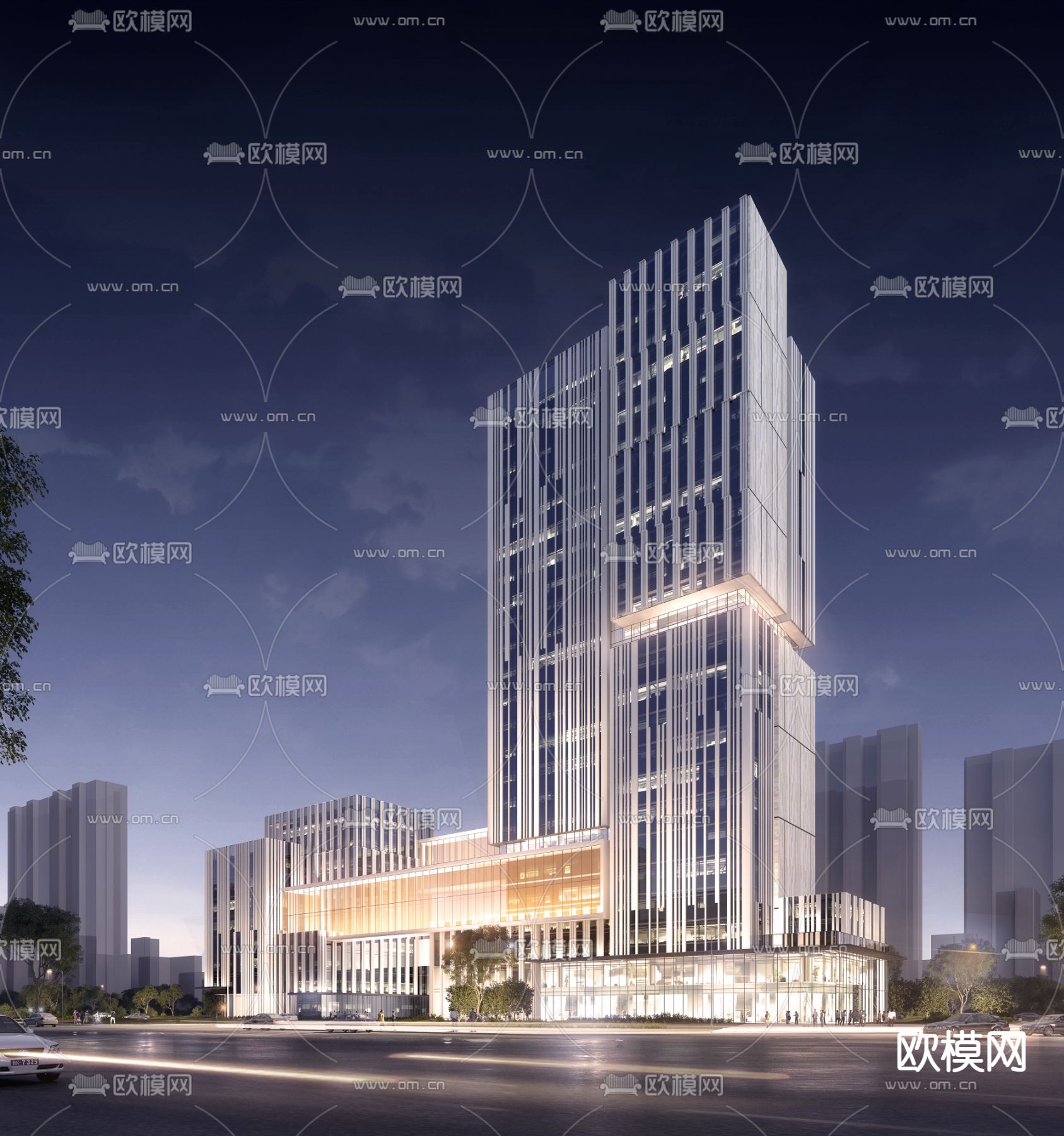 办公楼外观 夜景3d模型下载