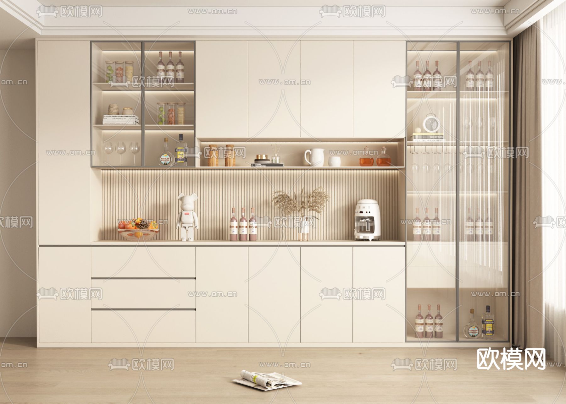 奶油风酒柜3d模型下载