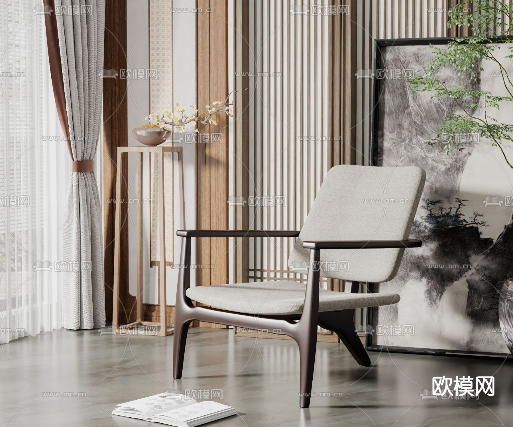 新中式休闲椅su模型下载（渲染图1）