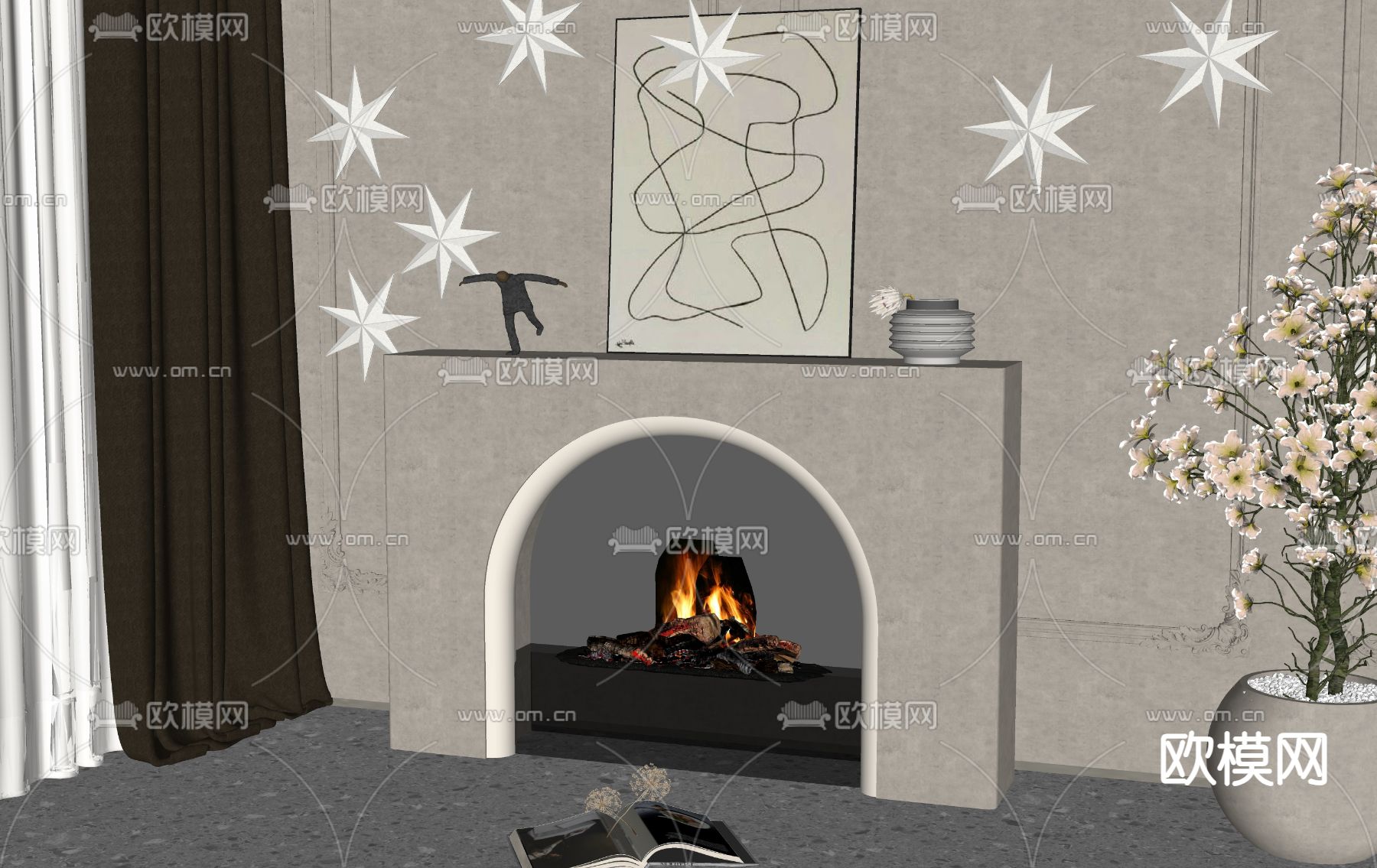 现代壁炉su模型下载（渲染图2）