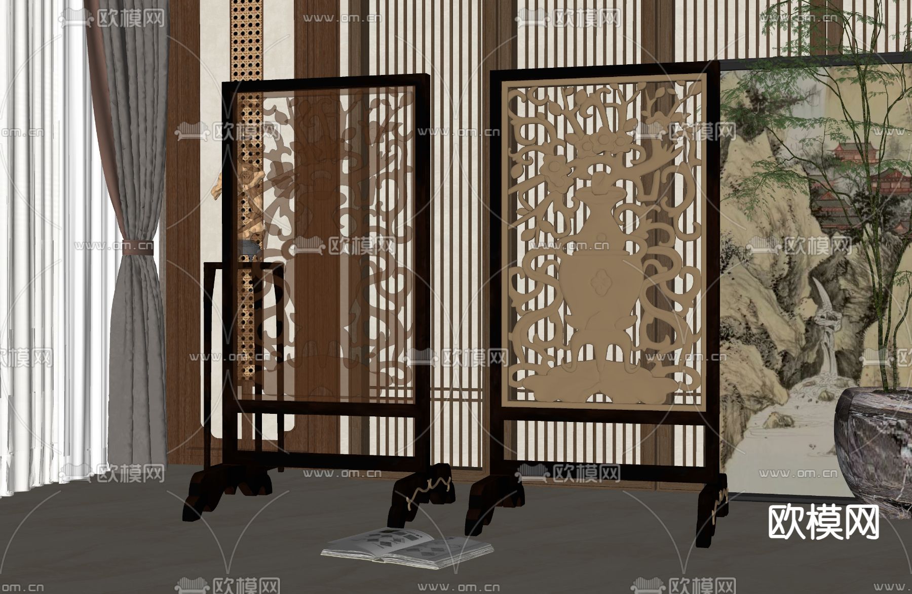 中式雕花屏风隔断su模型下载（渲染图2）