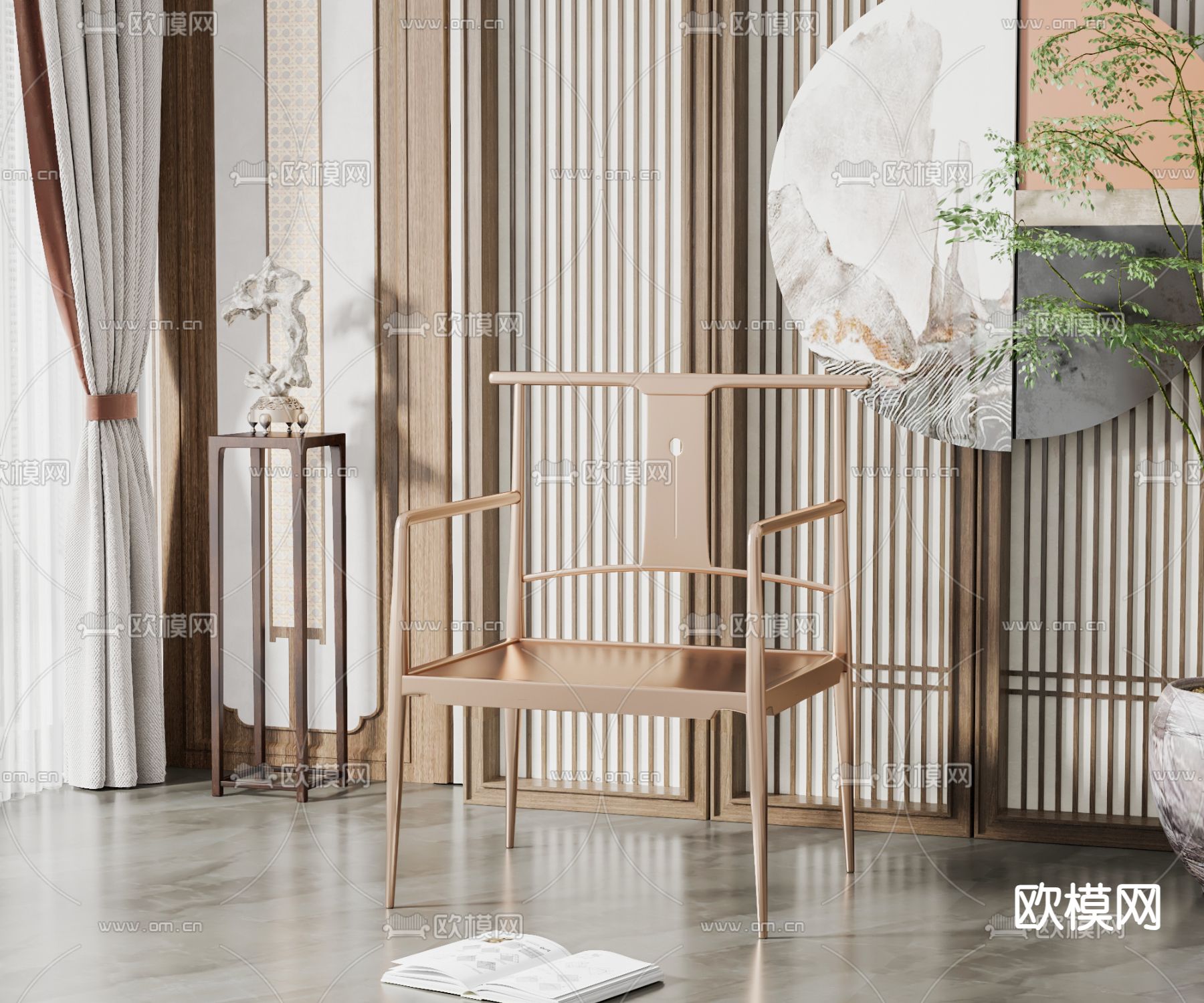 新中式金属单椅su模型下载（渲染图1）