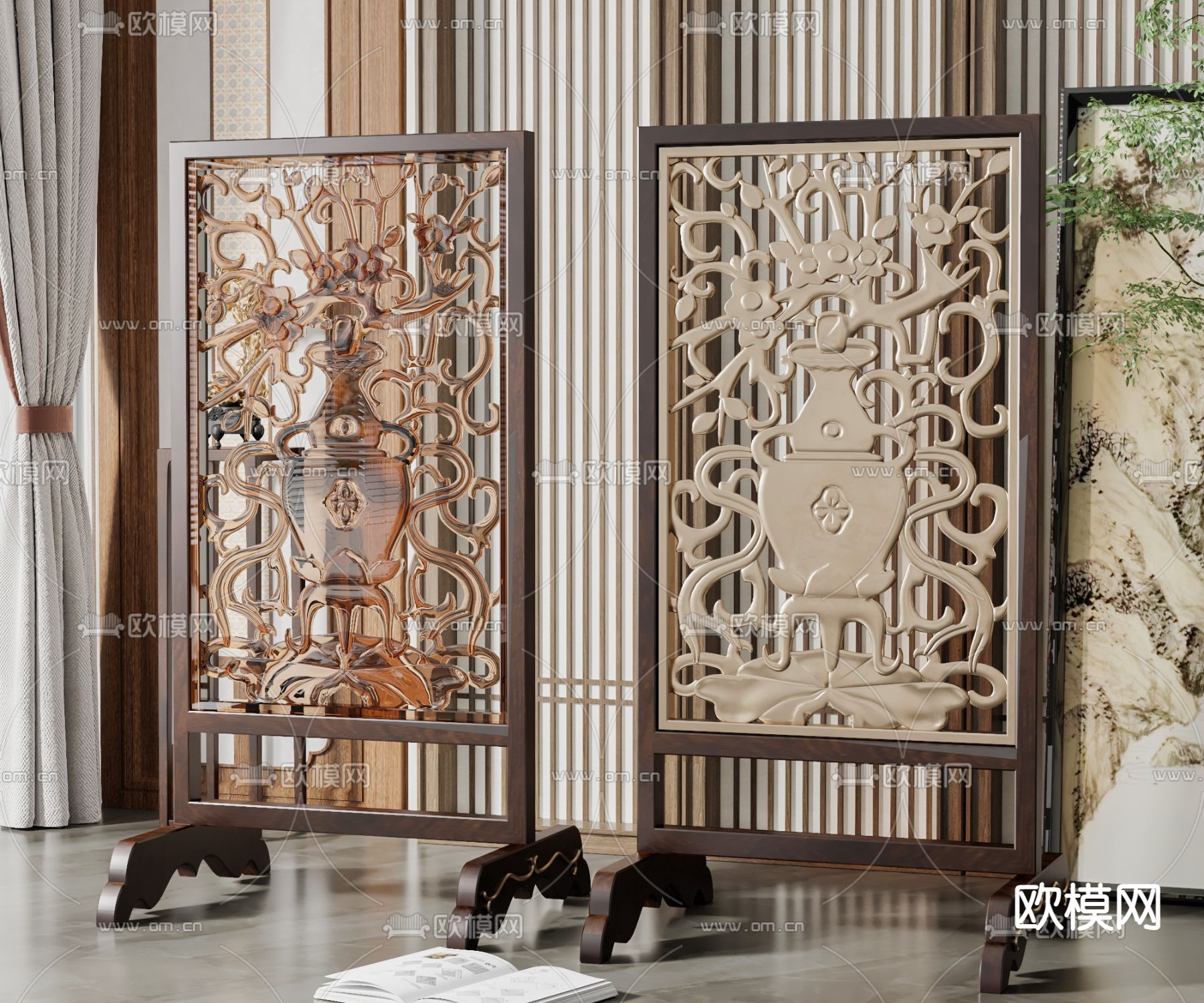 中式雕花屏风隔断su模型下载（渲染图1）