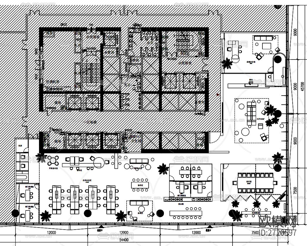 850m² 共享办公空间CAD施工图-免费3dmax模型库-欧模网