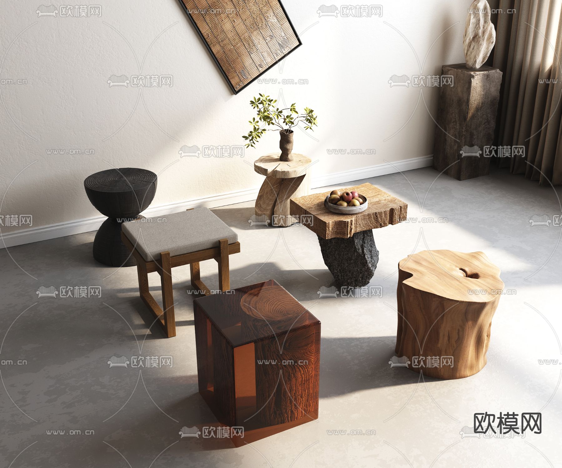 侘寂凳子 边几 角几 木几3d模型下载