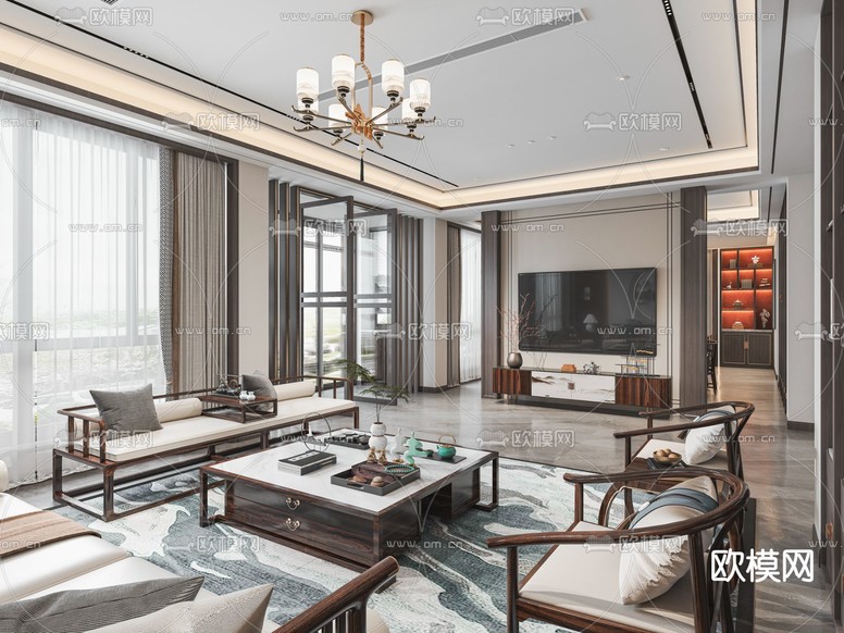 中式客厅 餐厅3d模型下载(渲染图4)