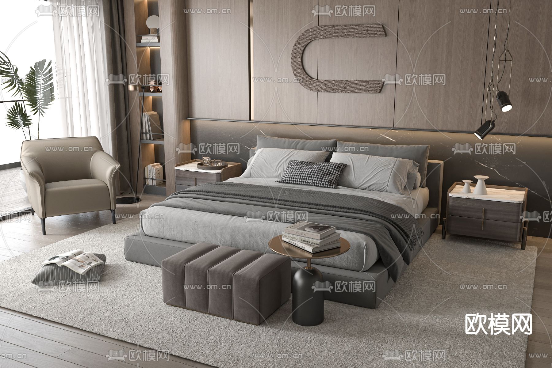 Minotti 布艺双人床su模型下载（渲染图1）